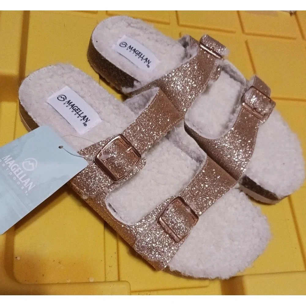 NEW Magellan Girls Rose Gold Glitter Double Strap Sherpa Insole‎ Sandal 4/5